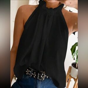 Boho Ruffle Halter High Neck Tank Work Office Top Blouse Shirt Black